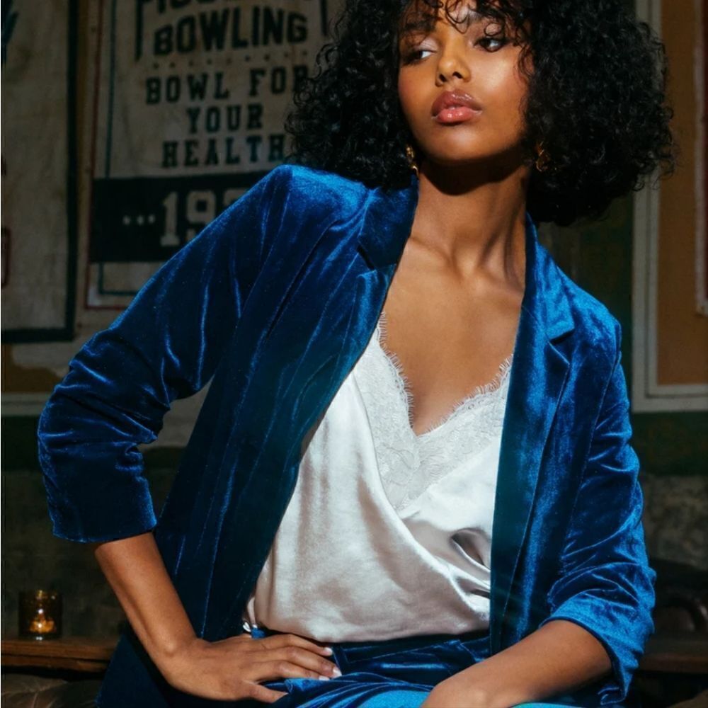 C BY ONE Velvet open front blazer jacket preppy Academia